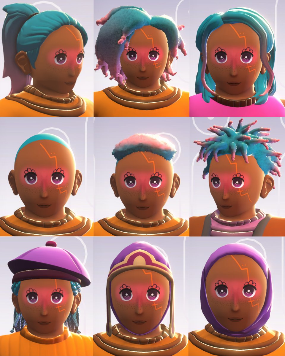 9 images of a brown-skinned Young Suns character with bright makeup. Each image showcases a different hat, head covering, or hairstyle.