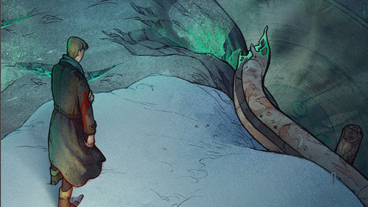 An illustration out of The Last Caravan showing a traveler with a bleeding wound on their arm looking into a chasm from which glows a mysterious light.