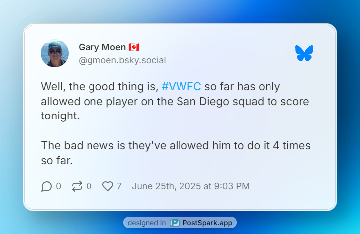 Gary Moen shared on Bluesky, "Well, the good thing is, #VWFC so far has only allowed one player on the San Diego squad to score tonight.    The bad news is they've allowed him to do it 4 times so far."