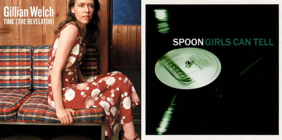 First pic: Gillian Welch, a thin white woman with long brown hair, sits on a table that have cushions on them. (They're calling this a futon in the Bluesky comments but honestly I don't think that's what this is. That looks like storage underneath the cushions.) She is in a red dress covered with white flower shapes. The cushions have a multicolored, striped, kind of plaid pattern on them. The woman looks off to the right with a slight look of puzzlement. Second pic: Close up of a green tinted black and white photo of a vinyl record spinning on a record player. The arm of the record player is almost at the end.