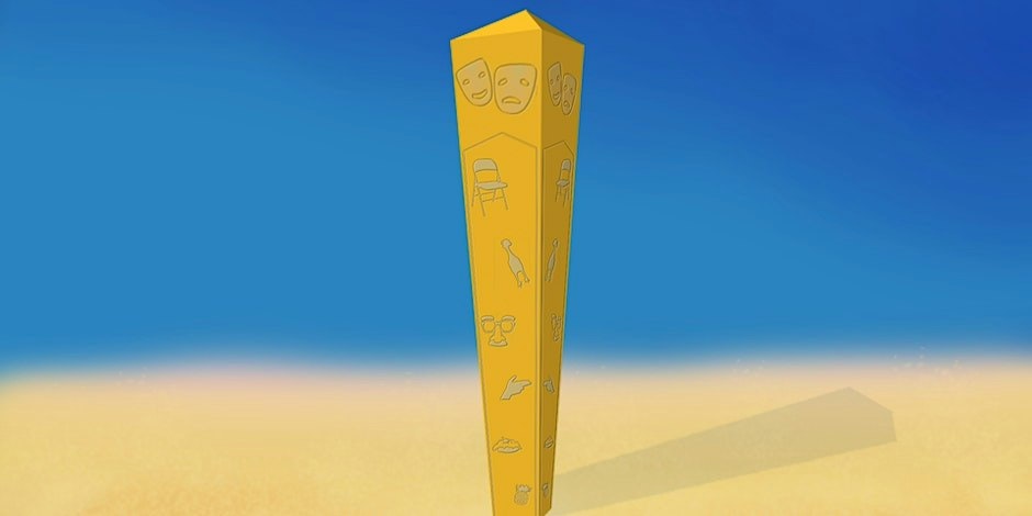 a yellow obelisk with improv comedy iconography