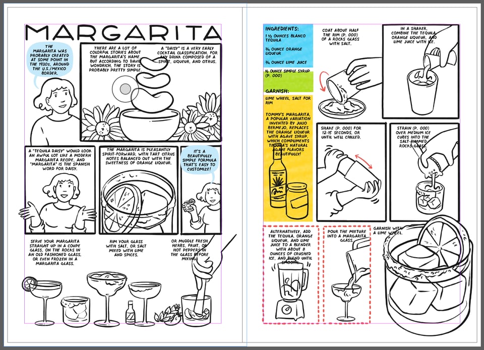 The layout for the Margarita headnotes and recipe, with panel text intersecting with art