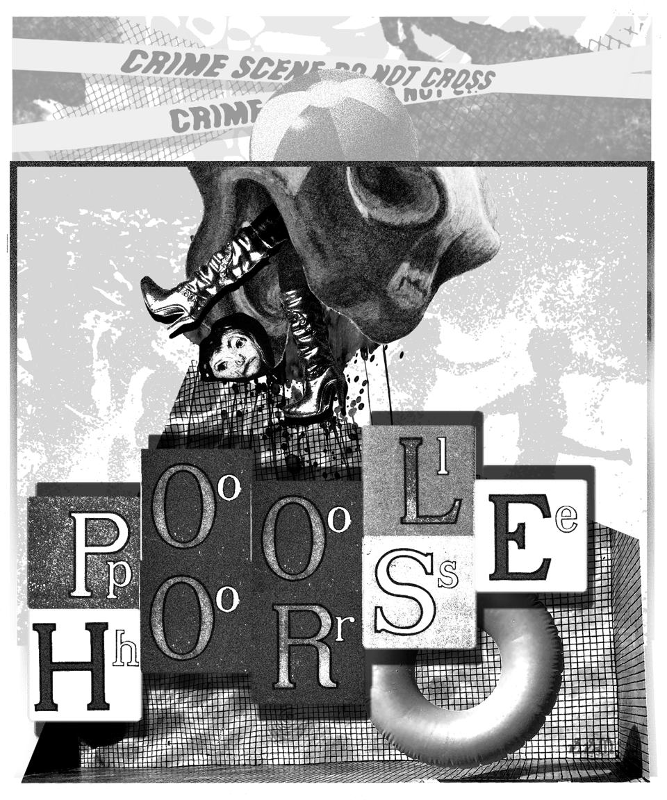 Collage of a horse devouring someone with pool tile below. The text is warped and says "Poolhorse"