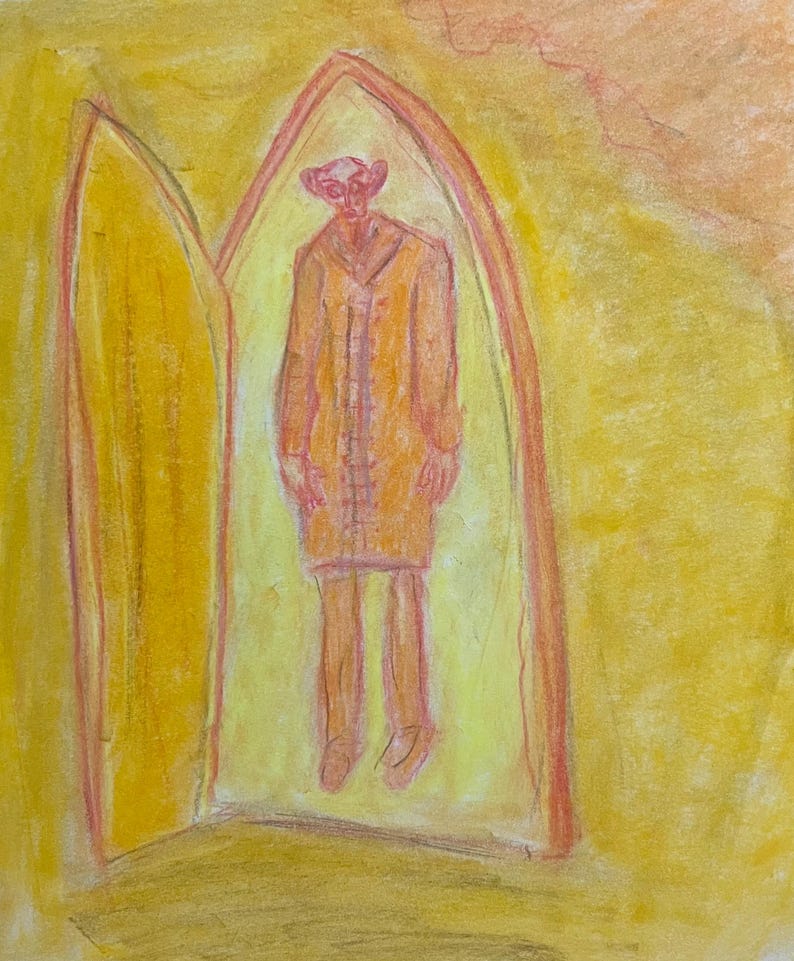 A figure dressed in a long coat stands between two archways against a warm yellow background.