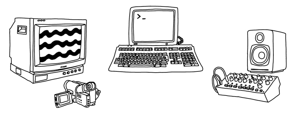 Video devices, an old school computer console, and an audio synth