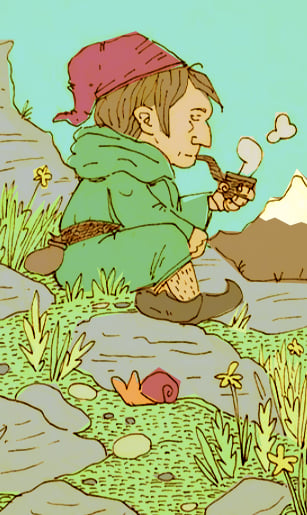 a gnome smokinga pipe while sitting in nature