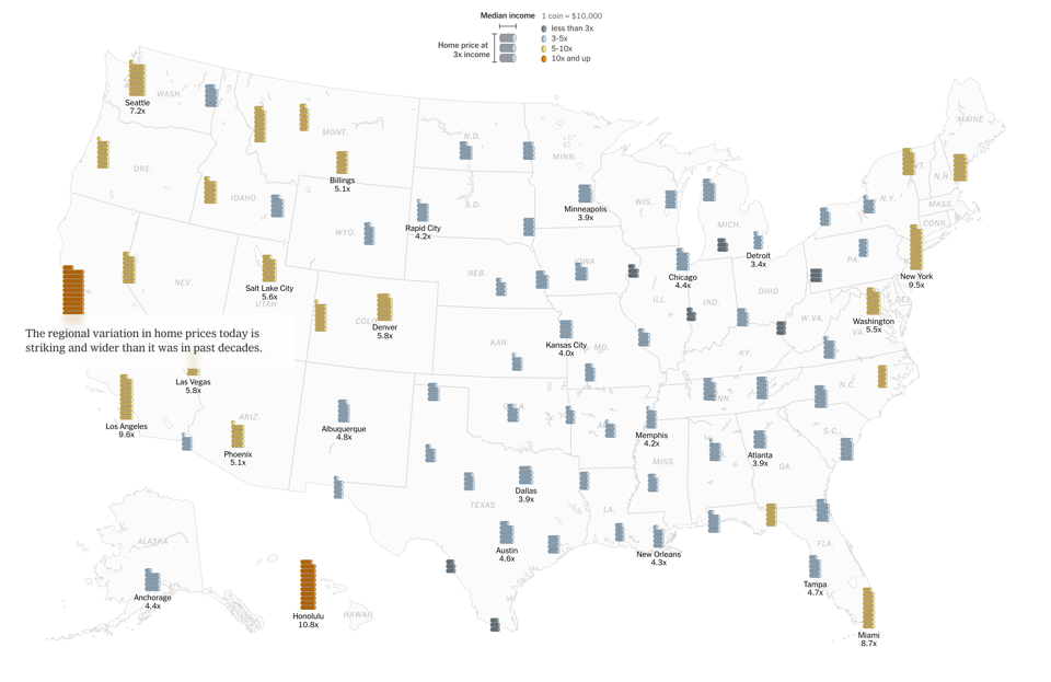NYT image of the ratio of rent to median income across the US