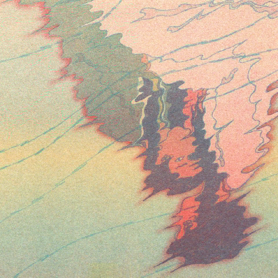 A close up of the watery reflections of the two women in ancient costume.