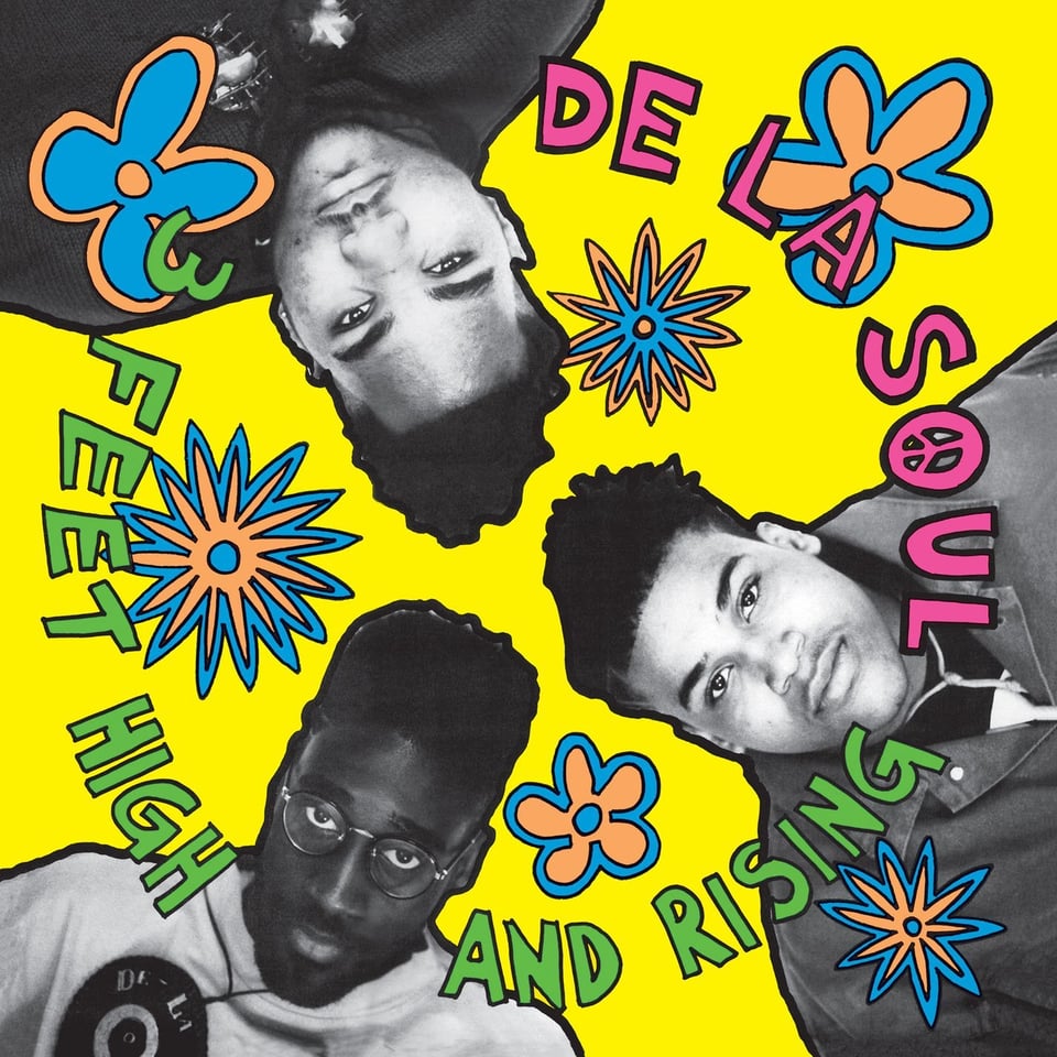 Black and white photos of three young Black men, arranged in a circle as if you are on the ground and they are looking down at you from above. The background is very bright yellow. There are hand drawn flower shapes in blue and orange arranged around them.