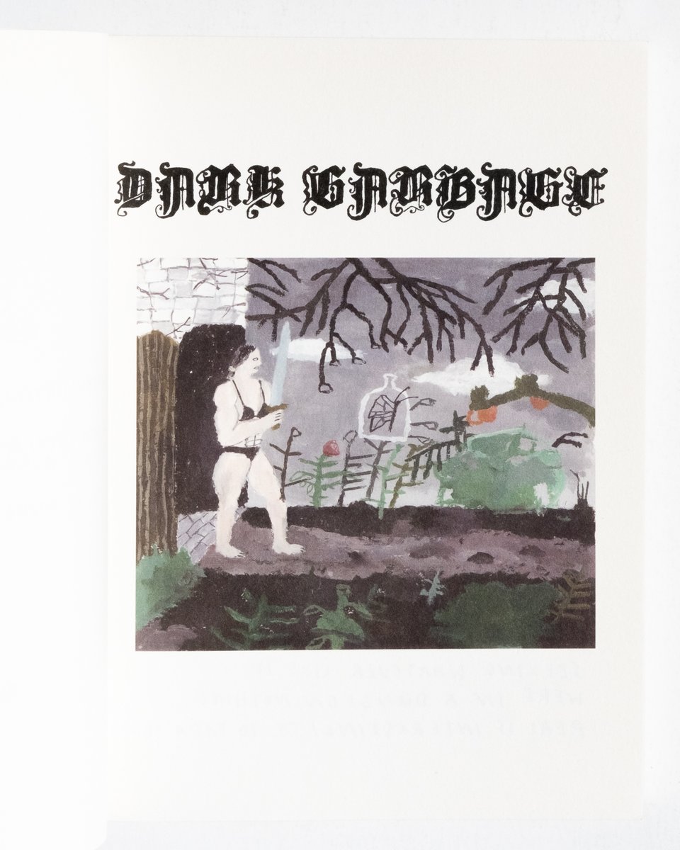 Title page from Dark Garbage by Emma Jon-Michael Frank. A muscly bodybuilder holding a big sword is walking from a creepy tower following a butterfly in a glass jar into a sparsely vegetated landscape