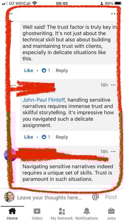 Screenshot of LinkedIn comments, crossed through with red lines to conceal the identity of commenters.