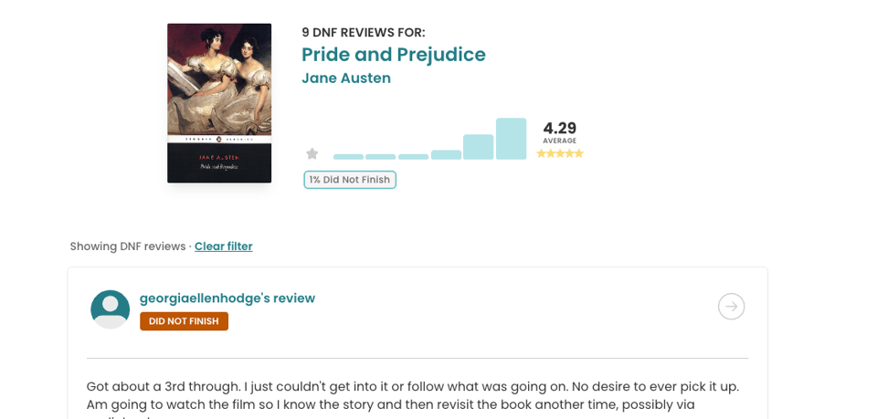 Another StoryGraph review view showing “Did Not Finish” (DNF) reviews for Pride and Prejudice, with a 1% DNF rate and a user review explaining why they stopped reading.