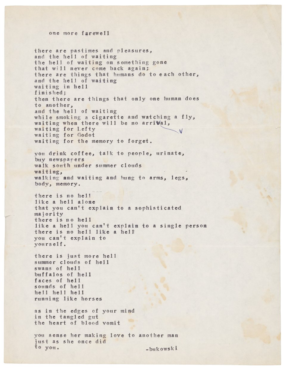 Photo of the typescript of the poem 'one more farewell' by Charles Bukowski