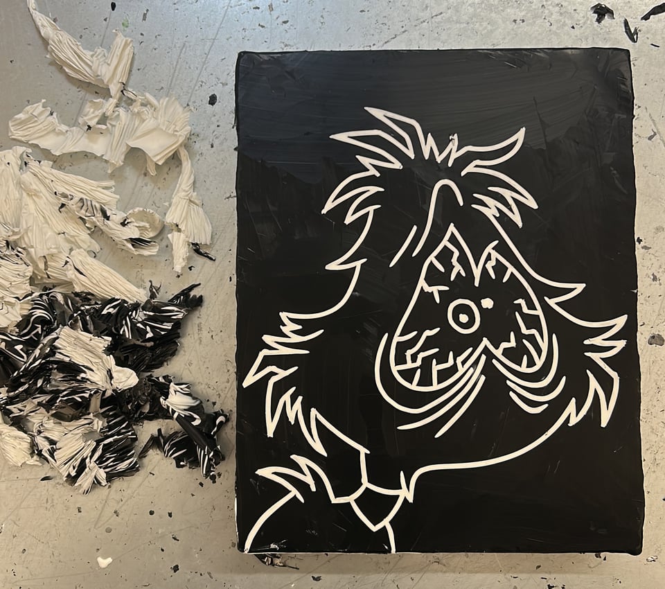A black and white painting of Daffy Duck with his beak blown off.