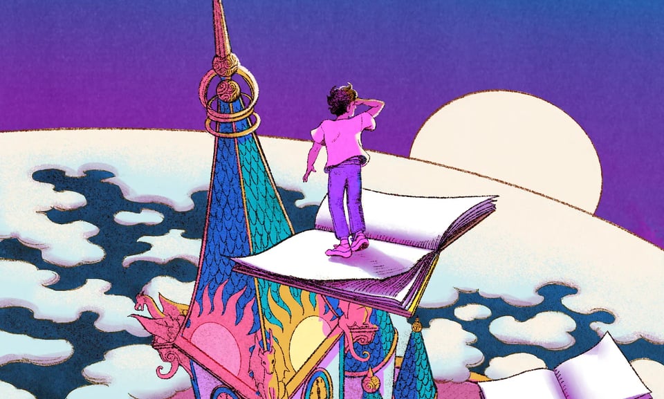 A figure stands on the pages of an open book next to a turquoise spire, looking out across a stylized globe toward a horizon with a purple sky and a massive sun