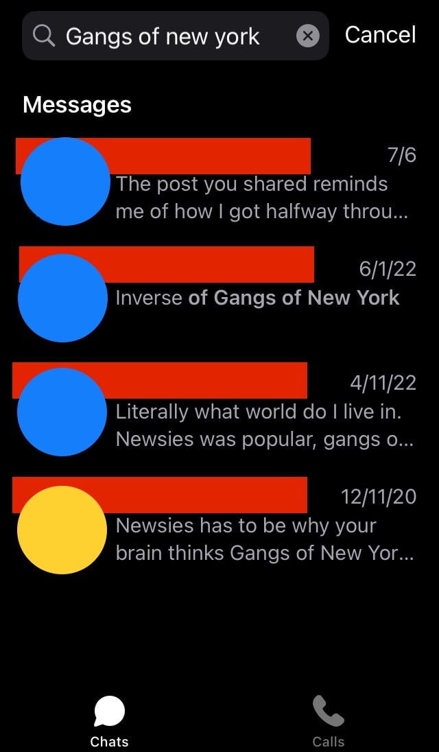 An anonymised screenshot, three texts from me, one to me, ranging from 2020 to this year. In chronological order: "Newsies has to be why your brain thinks Gangs of New Yor..." (12/11/20) "Literally what world to I live in. Newsies was popular, gangs of..." (04/11/22) "Inverse Gangs of New York." (06/01/22) "The post you shared reminds me of how I got halfway throu..." (07/06/26)