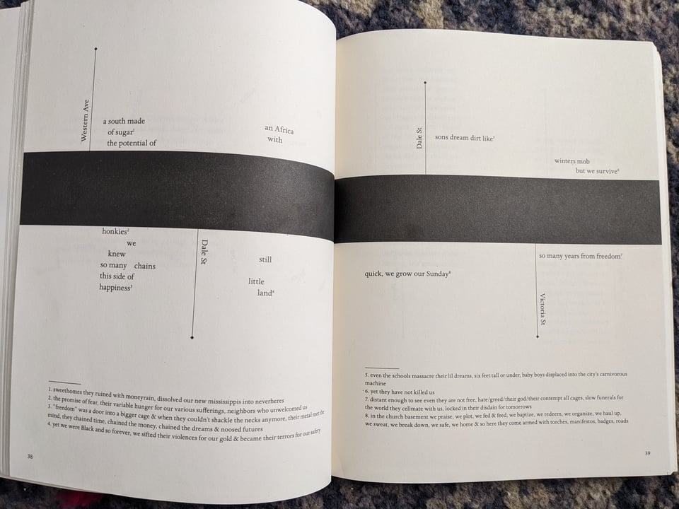 a page from the poem "rondo" in Bluff by Danez Smith. A thick black bar cuts across both pages, with footnotes at the bottom of each page and poetic lines emerging from each side of the bar.