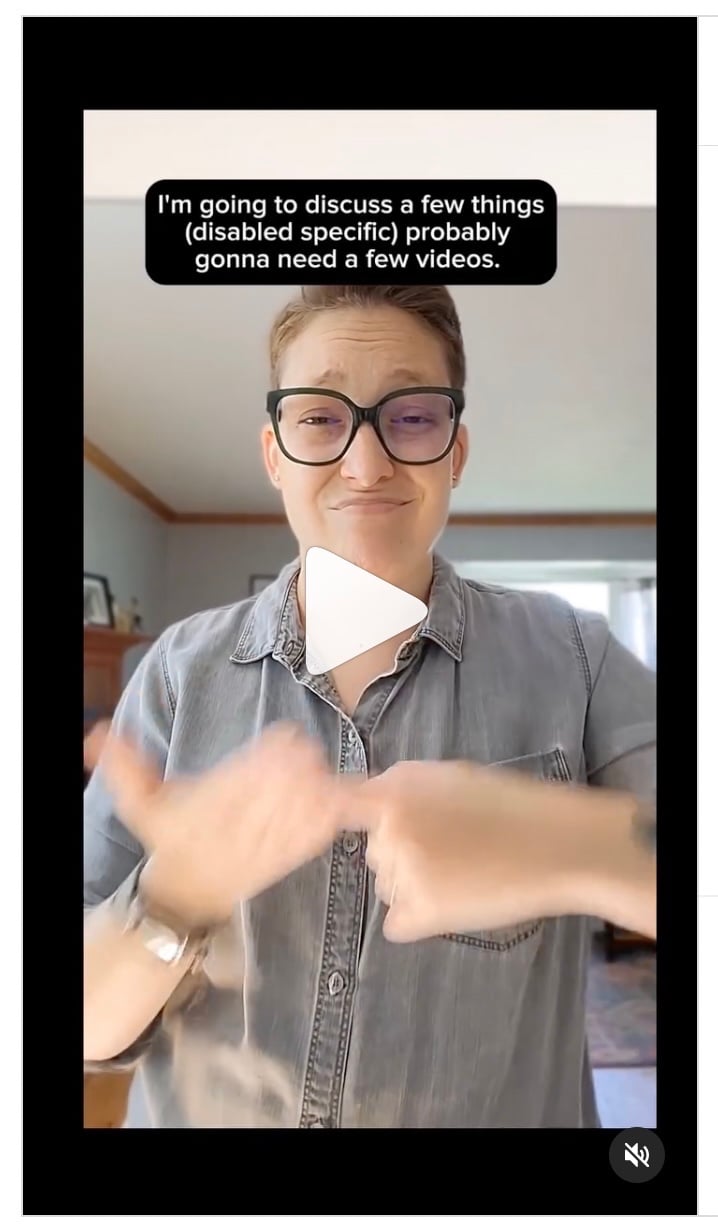 Image: Author Sara Novic, wearing casual clothes and standing in a sunny living room. Text: I'm going to discuss a few things (disabled specific) probably gonna need a few videos.