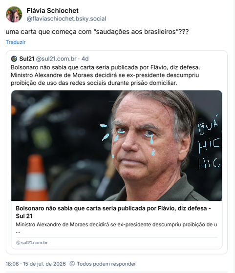 Post de Flávia Schiochet (@flaviaschiochet.bsky.social): uma carta que começa com “saudações aos brasileiros”??? Citação ao post de Sul21 ( @sul21.com.br): (link para notícia: Bolsonaro não sabia que carta seria publicada por Flávio, diz defesa)