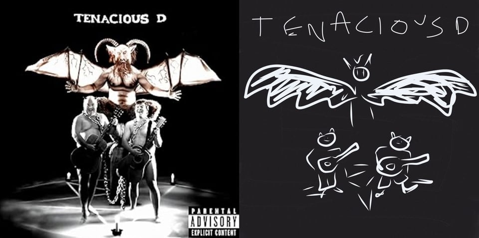 A black and white photo of Tenacious D (Kyle Gass and Jack Black) standing in the middle of a pentagram, complete with candles, while a statue of Baphoment looms above them. Gass and Black are naked but hold acoustic guitars. They have chains attached to their necks which are then connected to Baphoment. They appear to be laughing maniacally.