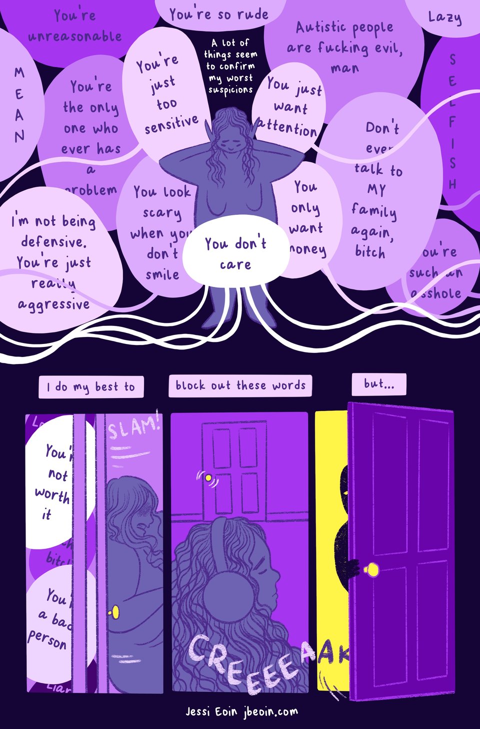 A comic page from a mini comic titled "A Long Eviction." The color palette is of varying shades of purple with pops of white and yellow. The background is a very dark purple, almost black. Panel 1: Jessi stands surrounded by speech bubbles that press up against them from every angle, each filled with negative comments regarding them such as "You just want attention, you just want money, you don't care, etc." Jessi presses their hands to their ears to block them out. Panel 2: Jessi struggles to slam a door closed on the speech bubbles. Text above reads, "I do my best to..." Panel 3: Text continues, "...block out these words...." Jessi is in a room with their eyes closed and headphones covering their ears. In the background, the knob wriggles as if something is trying to enter. Panel 4: The text finishes, "...but...." An ominous figure opens the door with a creak and stares inside, their eyes glowing yellow as they stare.