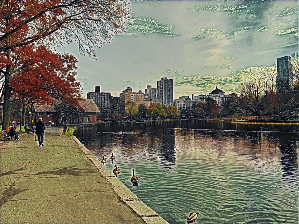Filtered image of geese on a pond with cityscape behind