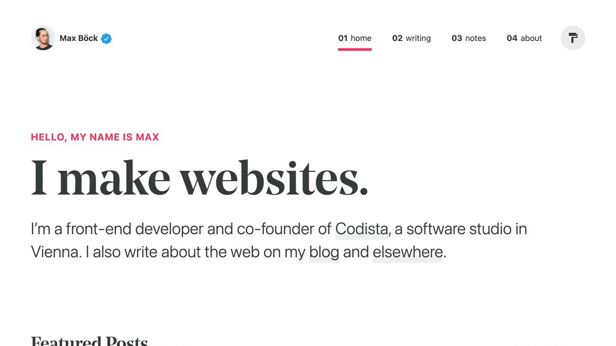 An animated GIF of Max’s website showing the theme picker and how the layout changes