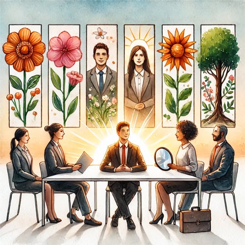 Person during interview surrounded by other people