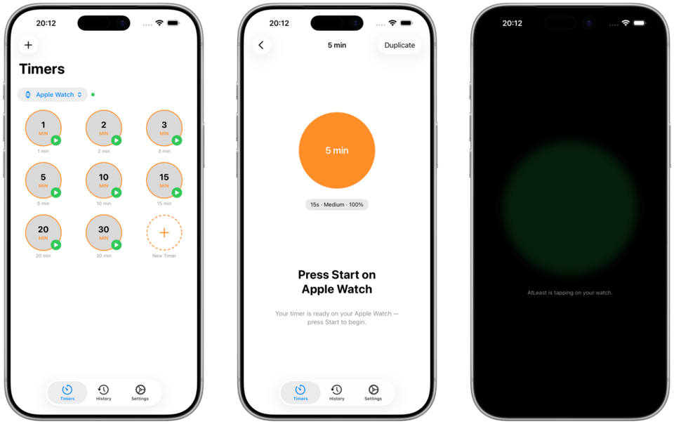 The iPhone companion: pick a timer, press Start on your Apple Watch, and the iPhone mirrors the live session