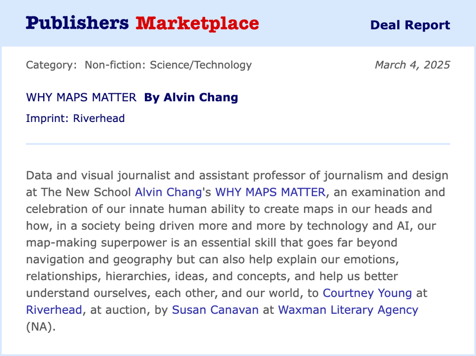 Screenshot of Publishers Marketplace announcement of my book