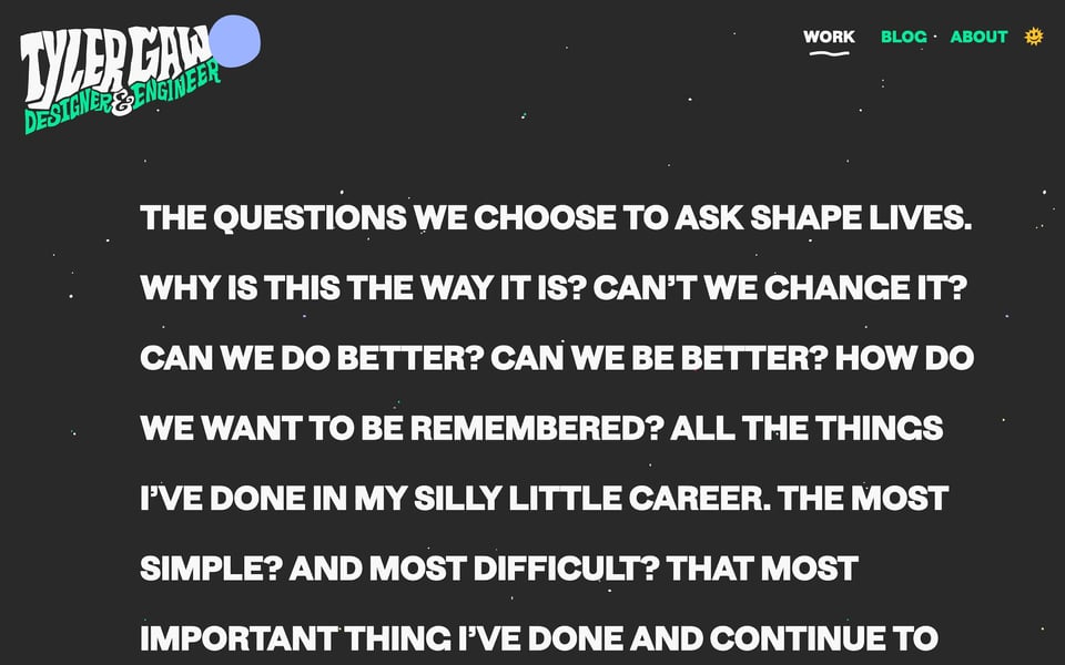 Tyler Gaw’s home page in dark mode