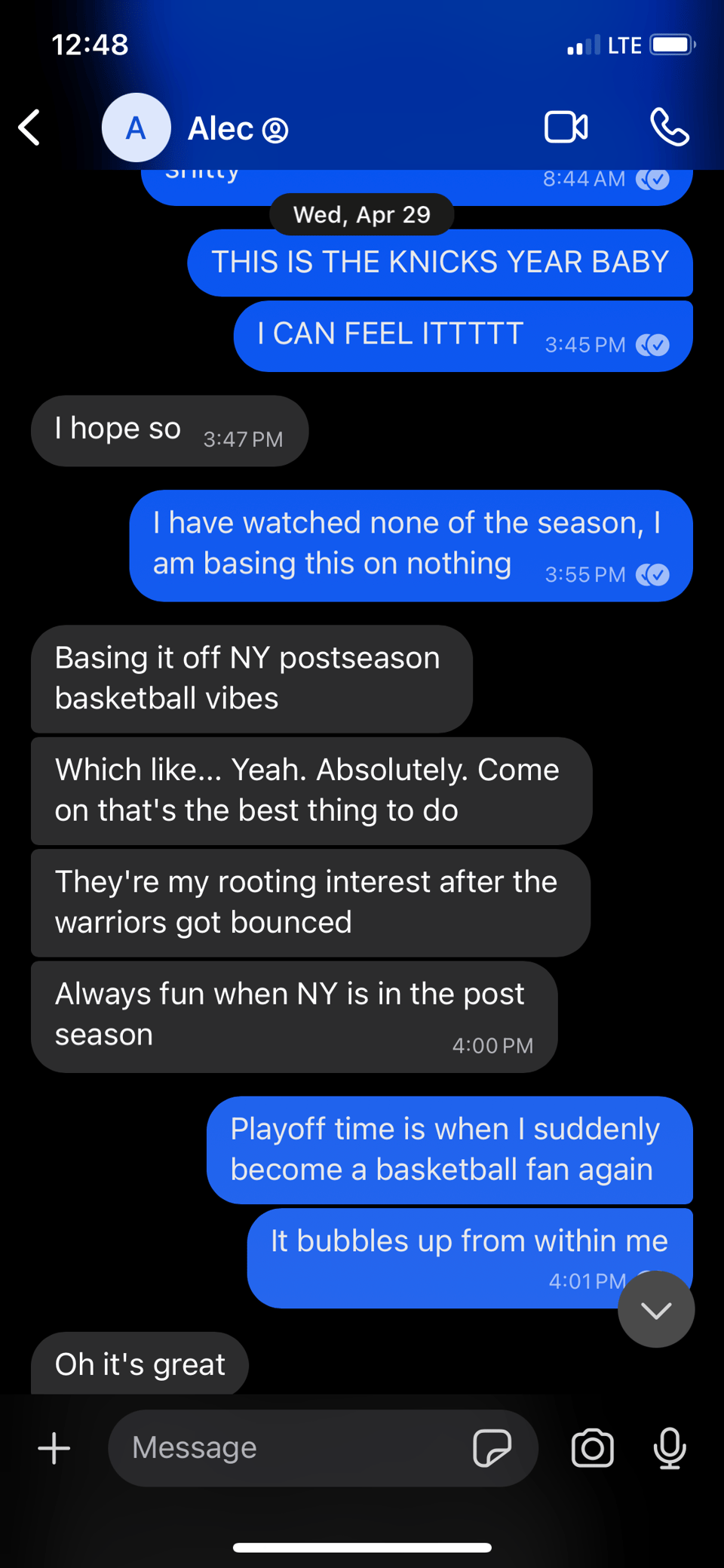 A screenshot of a text message conversation from 4/29/26 between Gabriel and their friend and producer Alec, in which Gabriel states their belief the New York Knicks will win the 2026 NBA playoffs.