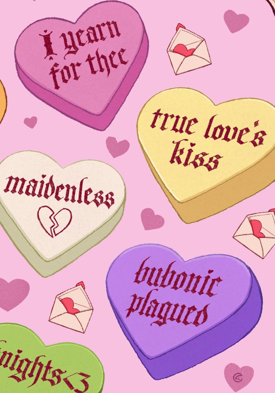 A crop of a larger digital illustration. Variously colored hearts with handlettered blackletter read various medieval-ish sentiments. The background is pink with hearts and letters with Valentines inside.