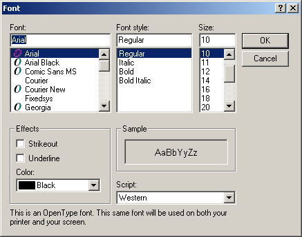 [A font selection window in an old Windows OS with Arial Regular selected.]