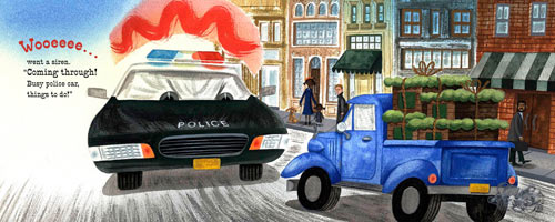 A cop car with an angry expression faces Little Blue Truck on a city street. The text reads "Wooeeee.... went a siren. 'Coming through! Busy police car, things to do!'"