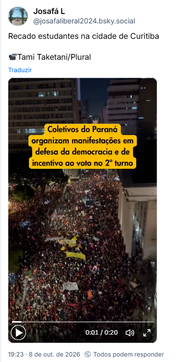 Post de Josafá L (@josafaliberal2024.bsky.social): Recado estudantes na cidade de Curitiba
📹Tami Taketani/Plural
Post contém vídeo