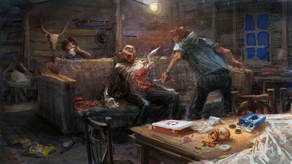 A bioengineered tapeworm bursts from the stomach of its victim, much to the horror of the onlookers in a remote wood cabin