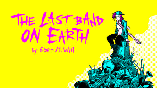 Promo artwork for The Last Band On Earth, which will also be the front cover of the book. The artwork depicts Nat, a woman with pink hair wearing a backwards baseball cap, denim jacket, white t-shirt, black leggings, and knee-high boots, sitting on a pile of broken instruments. She has a bass guitar strapped to her back and is looking at the viewer. The colour palette is entirely Cyan, Magenta, Yellow, black, and white.