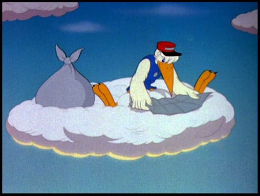 Screengrab from Dumbo of stork on a cloud