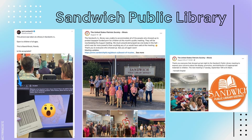 Slide featuring 3 social media posts about the ongoing attacks on Sandwich Public Library related to LGBTQ+ books on display during pride month 2024.