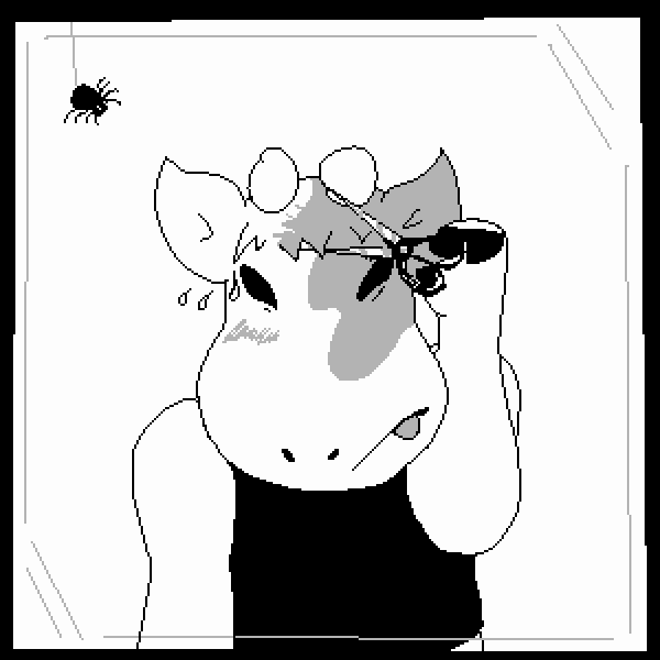 grayscale digital cartoon drawing of an anthropomorphic bovine trimming its bangs in the mirror