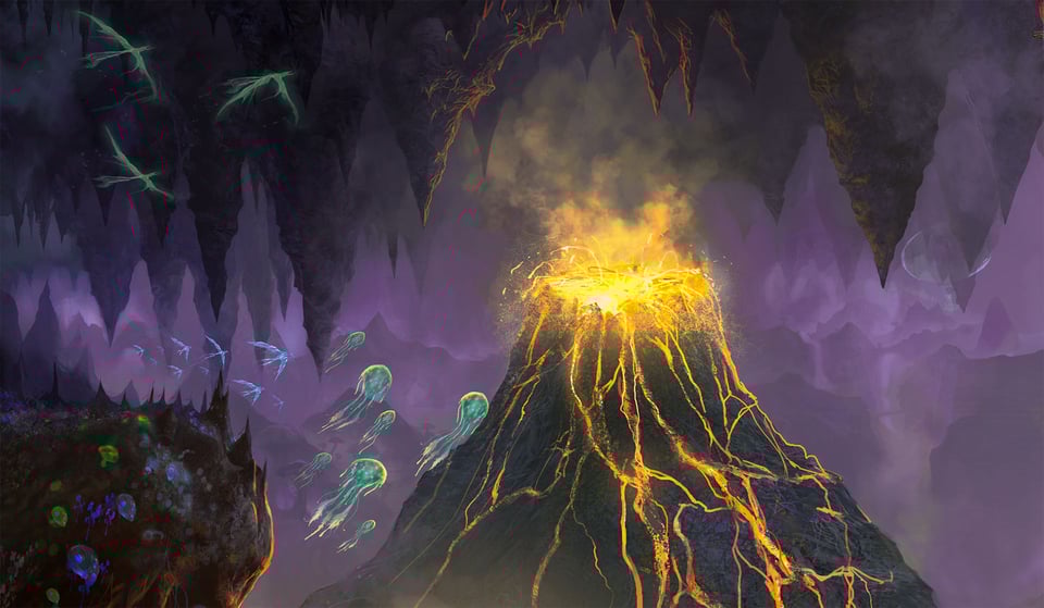 An underground volcano erupts in a cavern filled with purple mist, strange birds or bats, and floating jellyfish.