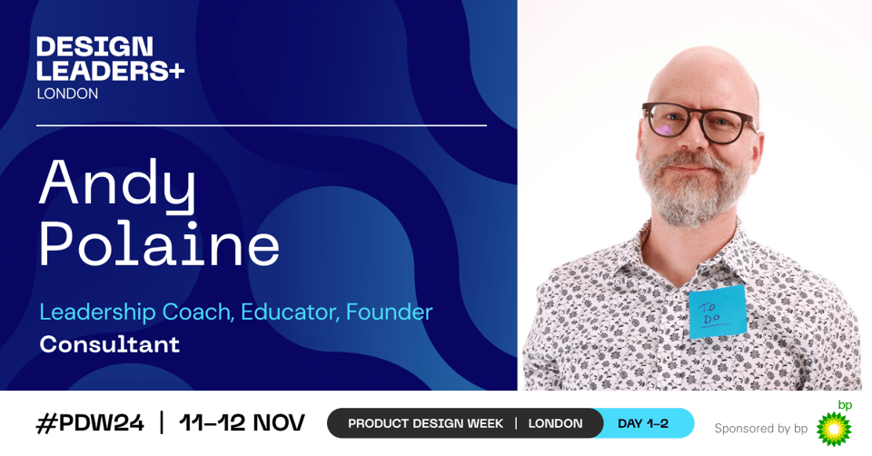 A speaker card for the Design Leaders+ conference in London showing an image of Andy Polaine on the right and his name on the left with the tagline Leadership Coach, Education, Founder
