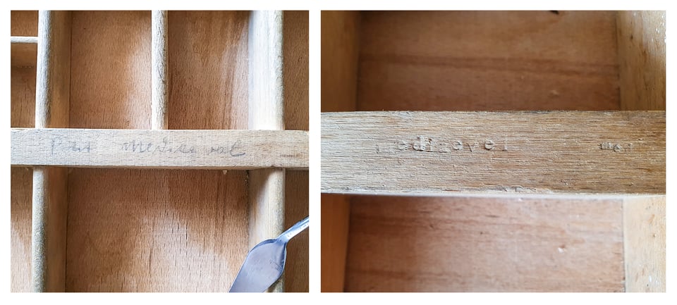 Collage of 2 photos: a close-up of a divider with "Petit mediaeval" written in pencil; another close-up of a divider into which small letters "mediaevel" have been debossed.