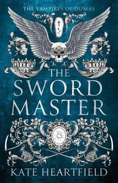 Blue and white cover of The Swordmaster, featuring hares, swords and a broken mirror.