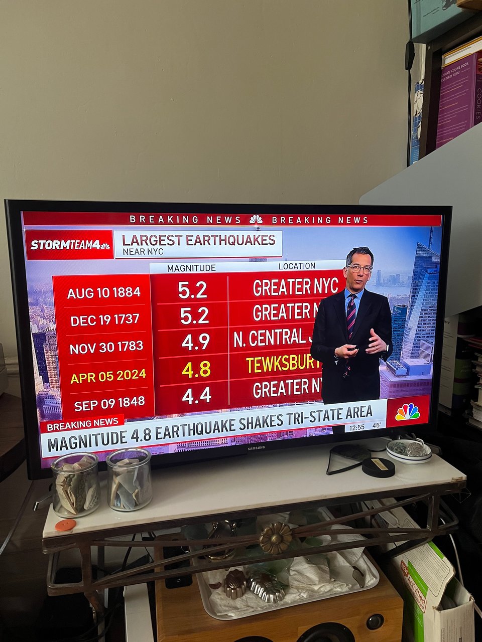 A picture of my TV. Dave Price of NBC4 is explaining the largest earthquakes in NYC history, where Friday's earthquake ranks fourth!
