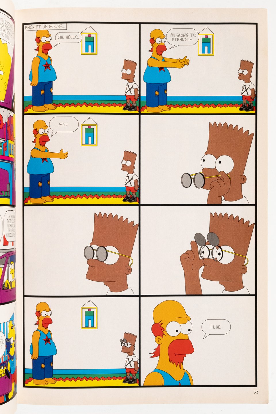 a page from "Boo-tleg." A bootleg Bart is staring at a bootleg Homer