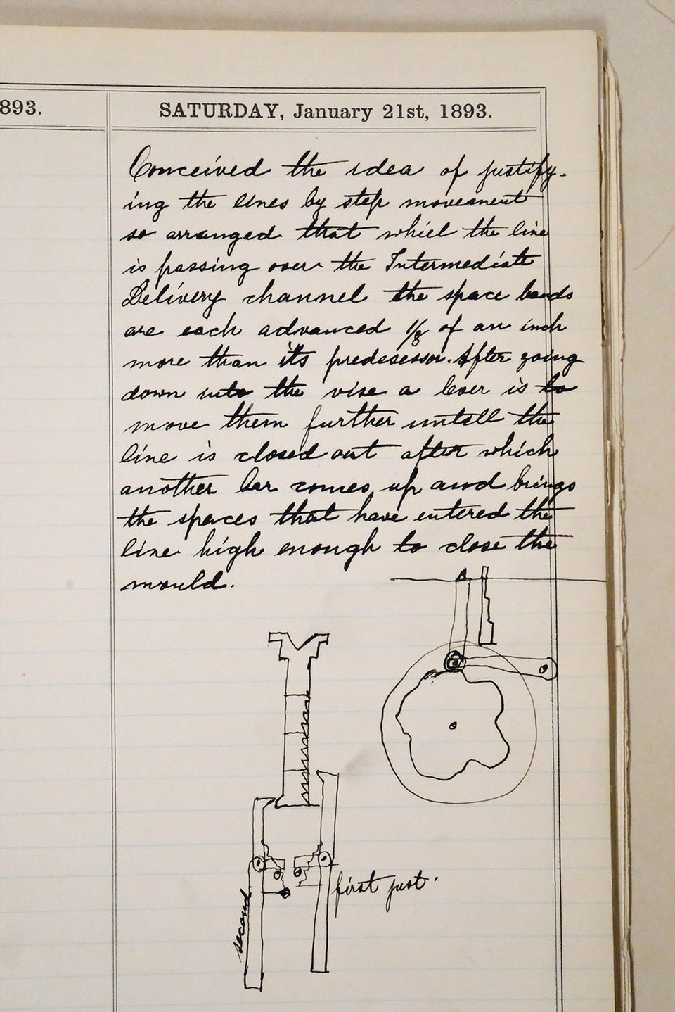 A page from Ottmar Mergenthaler’s diary where he describes coming up with a way to space out words without infringing on other spaceband patents — what a find!