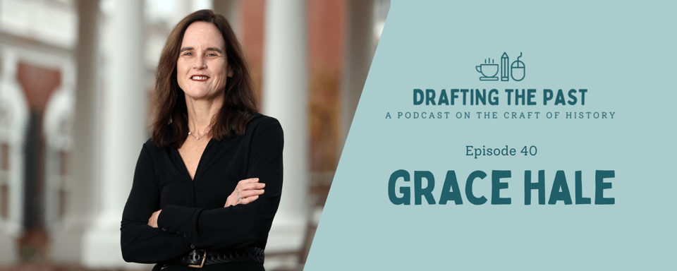 Podcast episode graphic. On the left is a photograph of a woman with light skin and dark hair, wearing a dark shirt and smiling with her arms crossed in front of her. On the right, the text reads "Episode 40: Grace Hale"