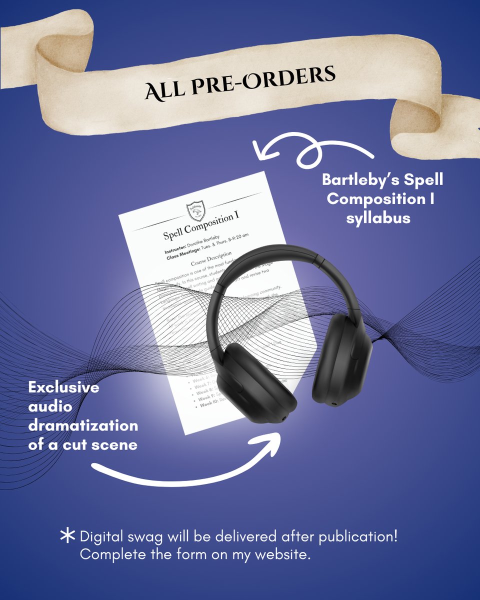 A graphic titled All Preorders that shows a pair of headphones and a soundwave with an arrow pointing to them that reads Exclusive audio dramatization of a cut scene. Behind that, there's a glimpse of a syllabus with an arrow pointing to it and the text Bartleby's Spell Composition I syllabus. At the bottom of the graphic there's an asterisked note that reads Digital swag will be delivered after publication! complete the form on my website.